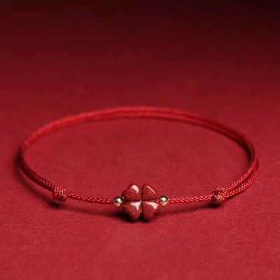 Buddha Stones Natural Cinnabar Four Leaf Clover Blessing Red String Bracelet Anklet Bracelet BS Dark Red Anklet(Anklet Circumference 21-27cm) Without Golden Bead