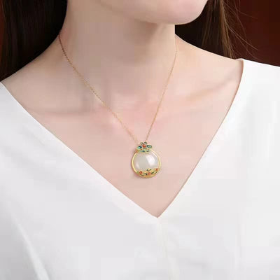 Buddha Stones White Jade Red Agate Flower Blessing Luck Necklace Pendant Necklaces & Pendants BS 3