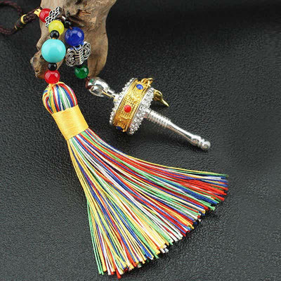 Buddha Stones Tibet Om Mani Padme Hum Prayer Wheel Tassel Bag Car Hanging Decoration Car Hanging Decoration BS 13