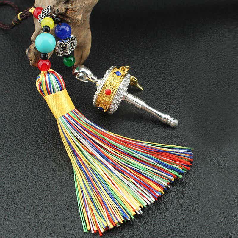 Buddha Stones Tibet Om Mani Padme Hum Prayer Wheel Tassel Bag Car Hanging Decoration Car Hanging Decoration BS 13