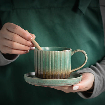 Buddha Stones Retro Striped Kiln Change Ceramic Coffee Mug Rough Pottery Tea Coffee Cup With Saucer 250ml Coffee Mug BS 4