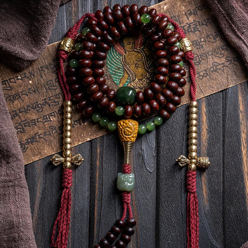 Buddha Stones Natural Tibet 108 Mala Beads Purple Bodhi Seed Hetian Cyan Jade Copper Dorje Peace Bracelet Mala Bracelet BS 14