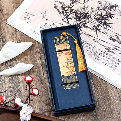Buddha Stones A Panorama of Rivers and Mountains Metal Hollow Bookmarks Tassel With Gift Box Bookmarks BS Spring morning in the Han Palace