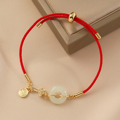 Buddha Stones 18K Gold Plated Hetian Jade Peace Buckle Fu Character Luck Red Rope Bracelet Bracelet BS 6