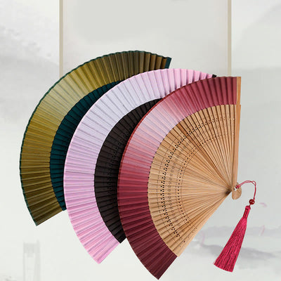 Buddha Stones Solid Color Gradient Hollow Engraved Handheld Bamboo Folding Fan Folding Fan BS 15