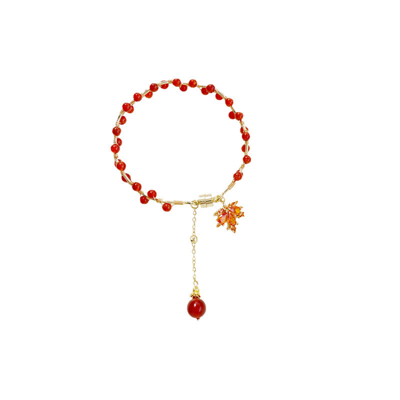Buddha Stones Red Maple Leaf Luck Charm Bracelet Bracelet BS 15