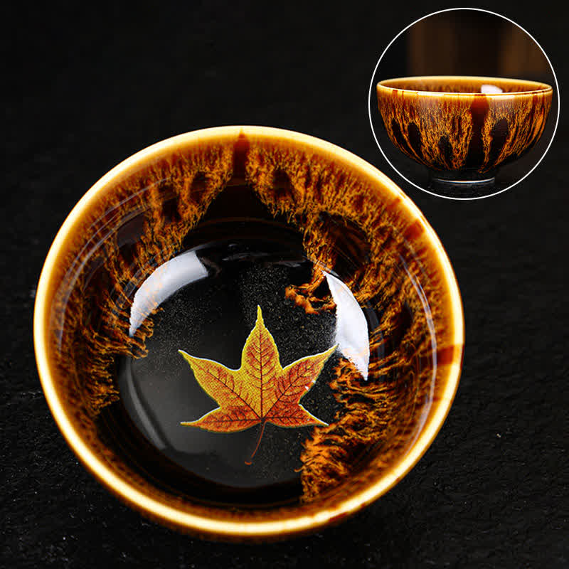 Buddha Stones Maple Leaf Colorful Ceramic Teacup Home Tea Cups Cup BS 8.5cm*4.5cm*120ml Yellow