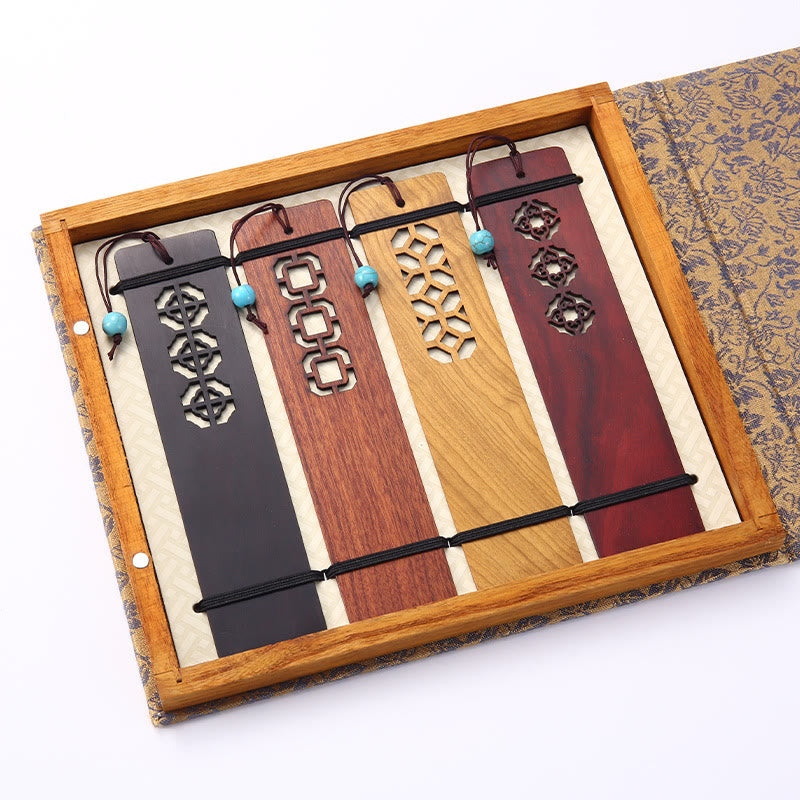 Buddha Stones 4Pcs Four Seasons Plum Orchid Bamboo Chrysanthemum Peking Opera Mask Wood Bookmarks With Gift Box Bookmarks BS 4Pcs Ancient Window
