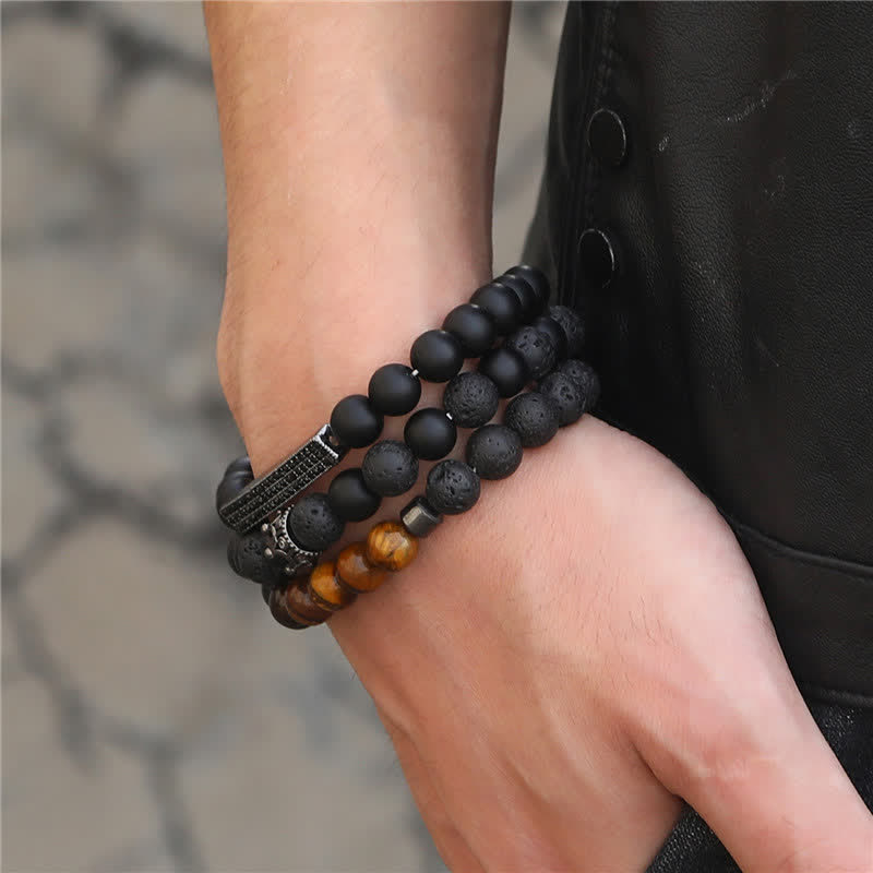 Buddha Stones 3Pcs Frosted Stone Lava Rock Tiger Eye Activate Bracelet Bracelet BS 2