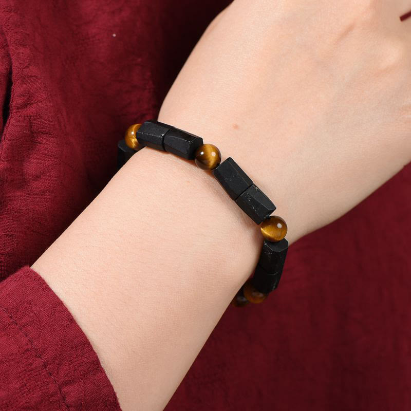 Foviel Natürliche schwarze Turmalin Tigerauge positives Armband
