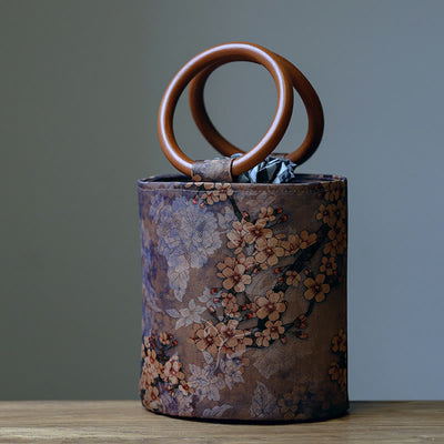 Buddha Stones Bamboo Leaf Butterfly Cherry Blossom Persimmon Wood Handle Handbag Handbags BS Cherry Blossom 16*17*12cm
