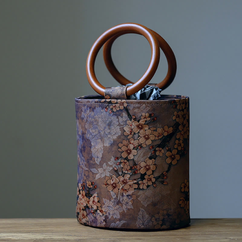 Buddha Stones Bamboo Leaf Butterfly Cherry Blossom Persimmon Wood Handle Handbag Handbags BS Cherry Blossom 16*17*12cm