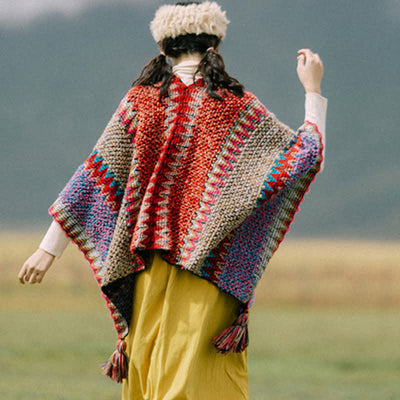 Buddha Stones Tibetan Shawl Knitting Warm Cloak Tibetan Tassel Scarf Tibetan Shawl BS 2