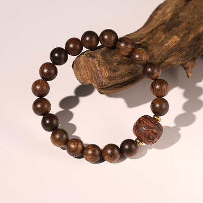 Buddha Stones Rosewood Auspicious Clouds Totem Fu Character Bamboo Pattern Warmth Bracelet Bracelet BS Totem(Wrist Circumference 14-16cm)