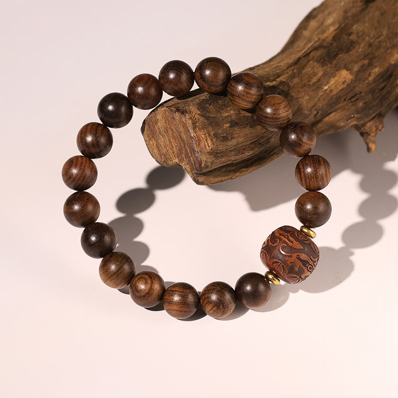 Buddha Stones Rosewood Auspicious Clouds Totem Fu Character Bamboo Pattern Warmth Bracelet Bracelet BS Totem(Wrist Circumference 14-16cm)