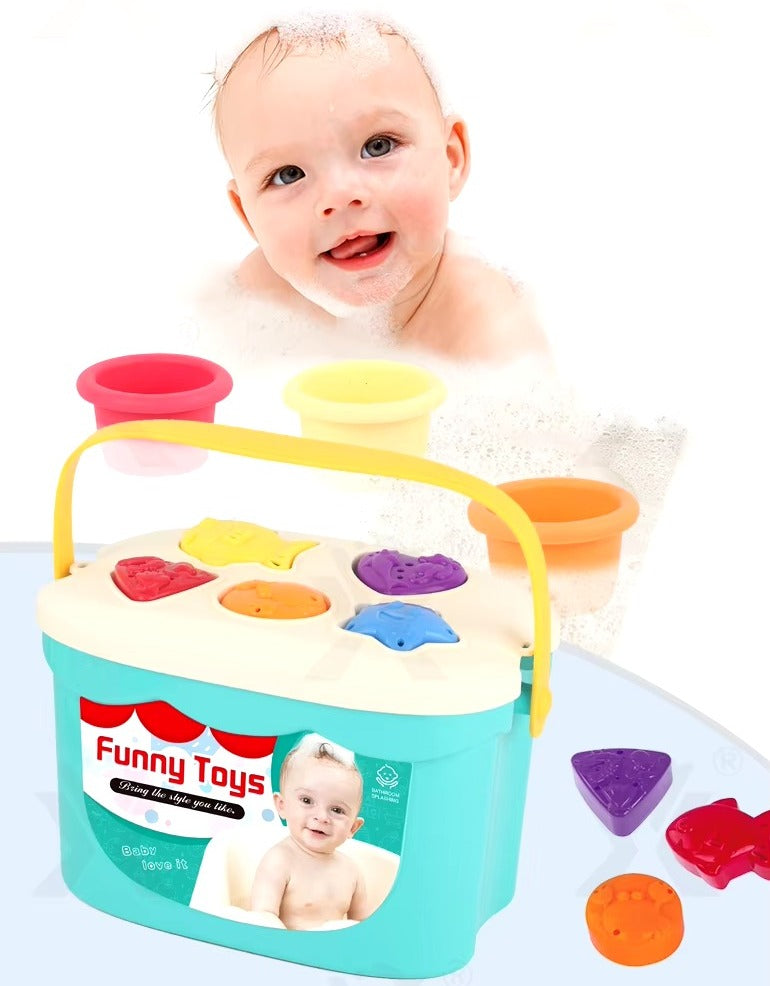 Fidtoy 2in1 Silicon Shape Sort and Stacking Bath Toy, Plastic Baby Bath Shape Sorting and Stacking Toy, Fine Motor Color Learning Toy Ages 6+ Months