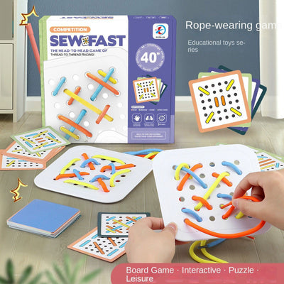 Fidtoy Rope-Wearing Double Player Pattern Card Game for Kids Ages 3-6, Lacing Board Game with 40 Pattern Cards, Colorful Ropes, Fine Motor Skill Practice and Family Tabletop Play