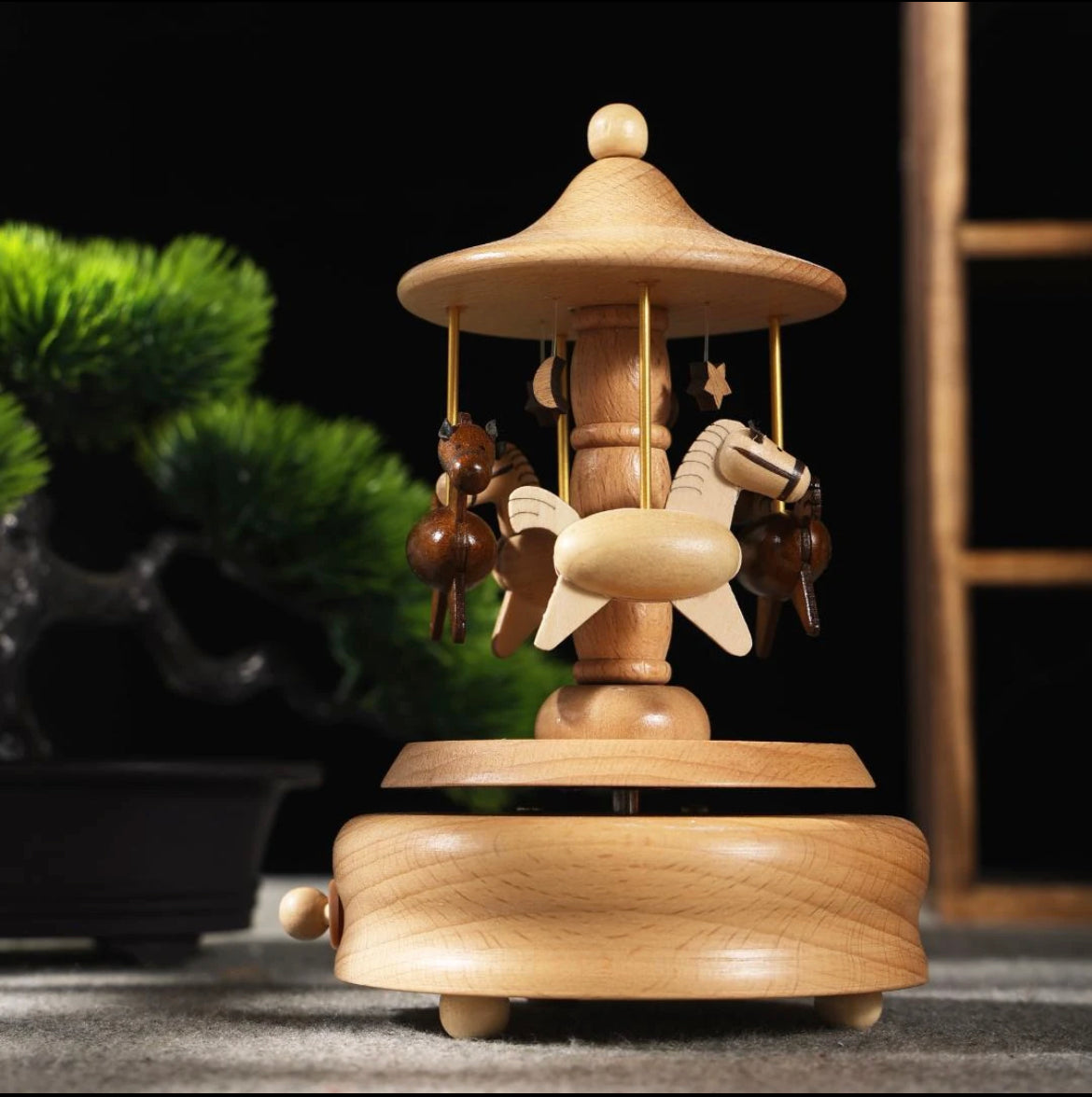 Handcrafted Wooden Carousel Music Box – Rotating Horse Merry-Go-Round Gift