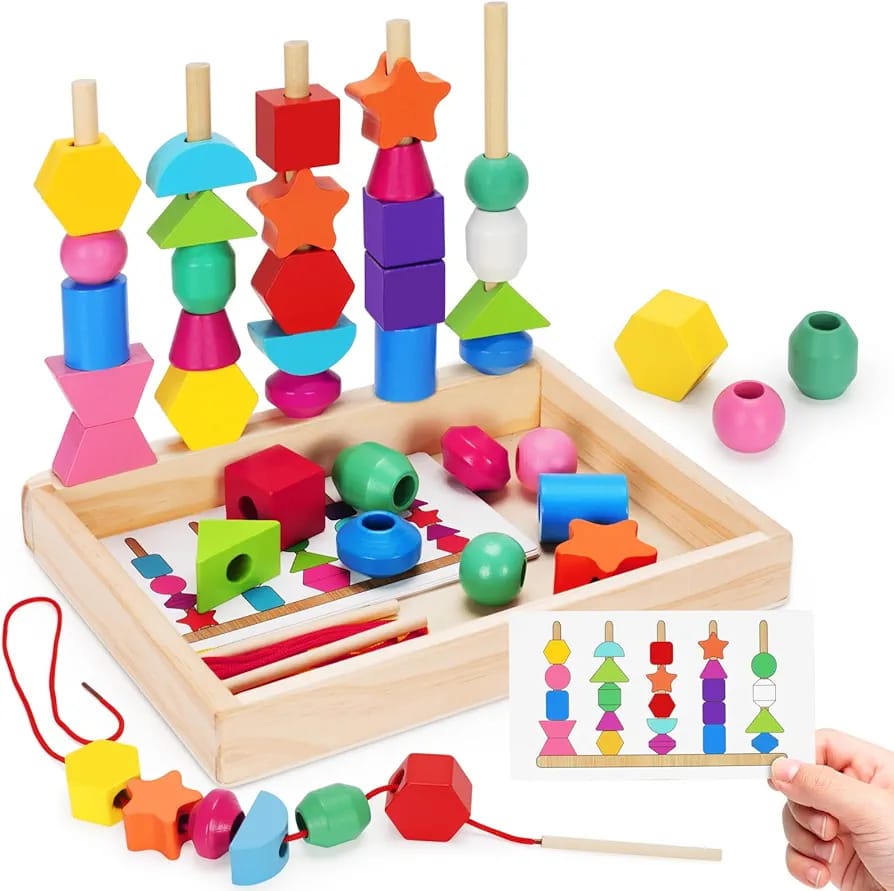 Fidtoy Wooden Bead Lacing Kit Montessori Shape Sorting Toy for Toddlers | Color Matching, Stacking Columns, Sequencing Cards & Fine Motor Learning Toy Age 3+