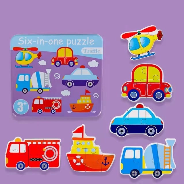 Fidtoy 6-in-1 Jigsaw Puzzle with Number Transport Tin Box for Kids, Transport Theme Number Recognition Puzzle Set, Progressive Toddler Learning Puzzle Age 2–6