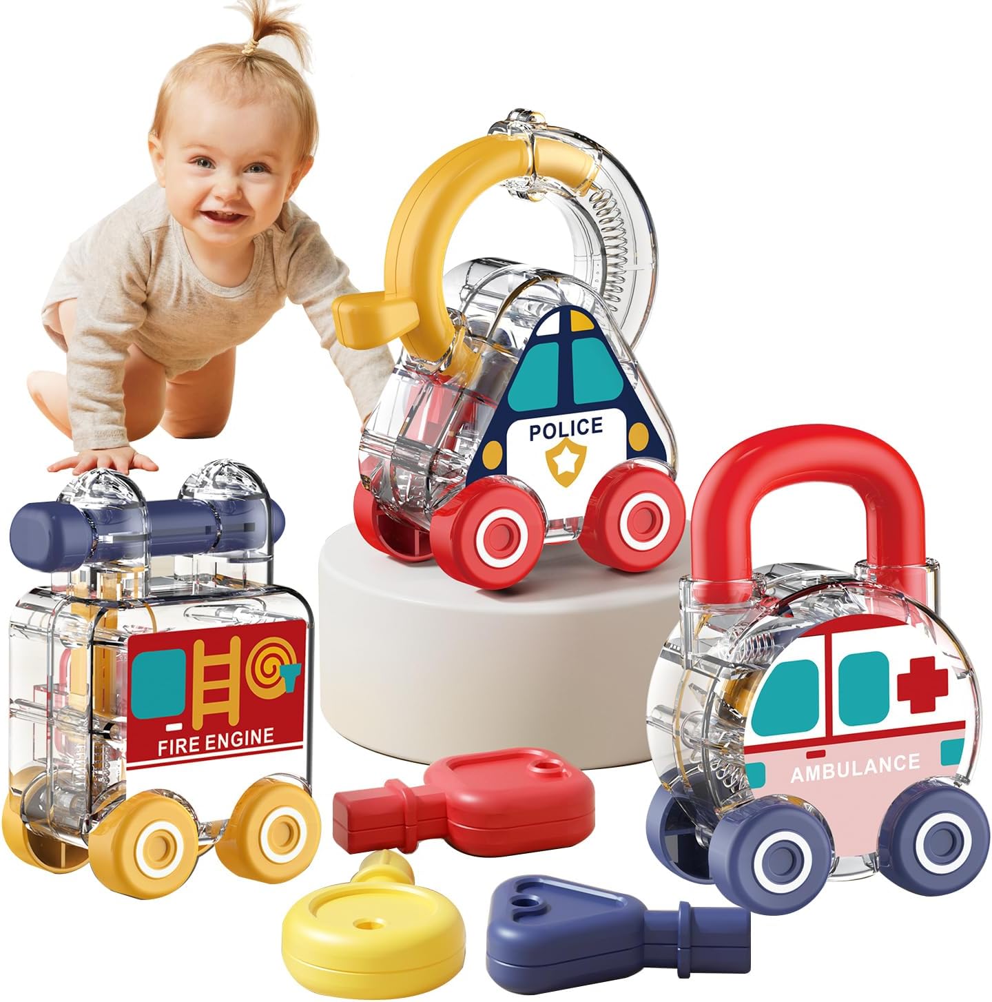 Fidtoy Transparent Transport and Shape Recognition Lock and Key Set 3 Pieces | Plastic Vehicle Unlocking Toy, Color Matching Cars, Fine Motor Skills, Shape Recognition & Pretend Rescue Play Age 3+