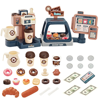 Juego de café de juguete para niños pequeños, tienda de juegos de cocina, juego de café, postres, compras con cafetera, caja registradora, juguete para niños de 3 años en adelante