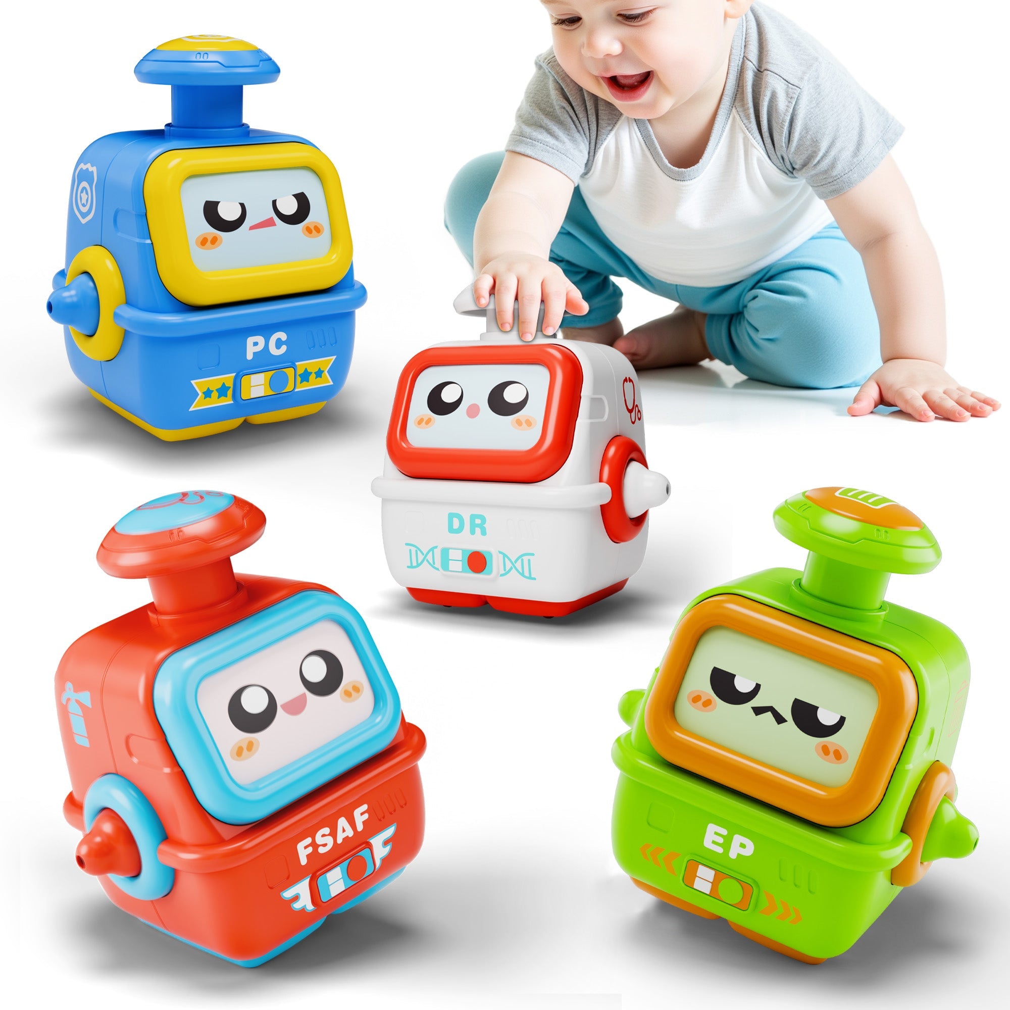 Fidtoy Press to Go Robot Car Toys for Toddlers 4pcs Set