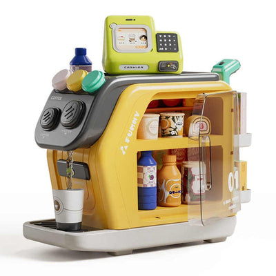 Fidtoy 3-in-1 Multifunctional Pretend Play House Cashier Coffee Set, Kids Plastic Coffee Maker Refrigerator Cashier Toy, Kitchen Shopping Role Play Set for Ages 3+