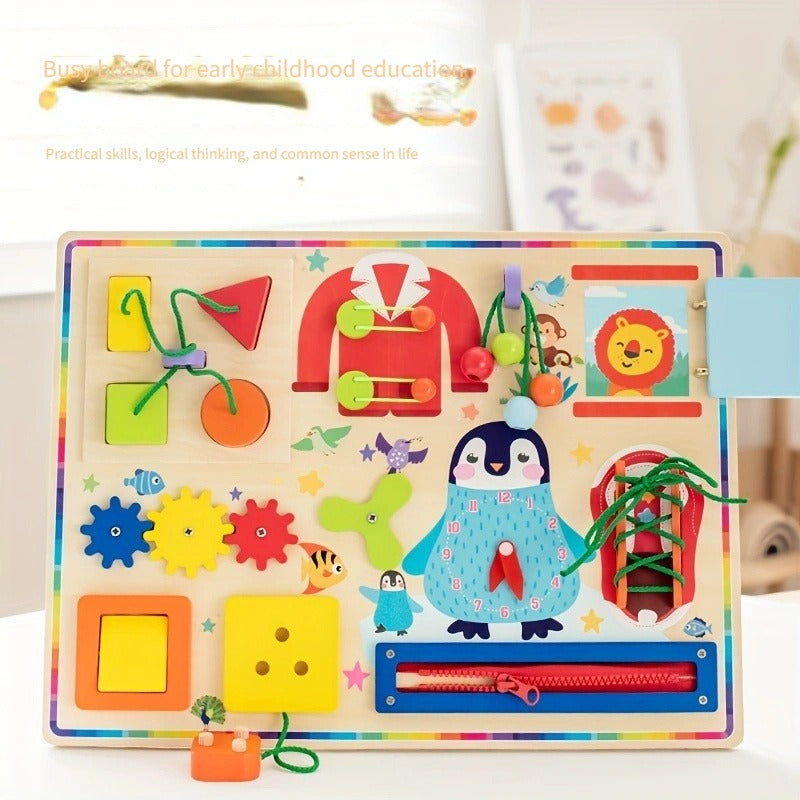 Fidtoy 10in1 Wooden Sensory Busy Board Activity for Toddlers, Wooden Montessori Practical Life Activity Board with Xylophone, Maze, Shape Sorter, Zipper, Clock, Gears and Switches Ages 2-4