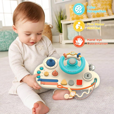 Fidtoy Busy Activity Steering Wheel Baby Pull String Toy for Toddlers – Montessori Sensory Travel Toy with Pull Strings, Bubbles, Buttons & Fine Motor Play