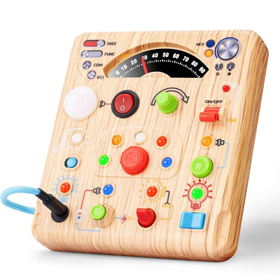 Fidtoy LED Simulated Ammeter Wooden Busy Board for Toddlers Light Switch STEM Activity Toy