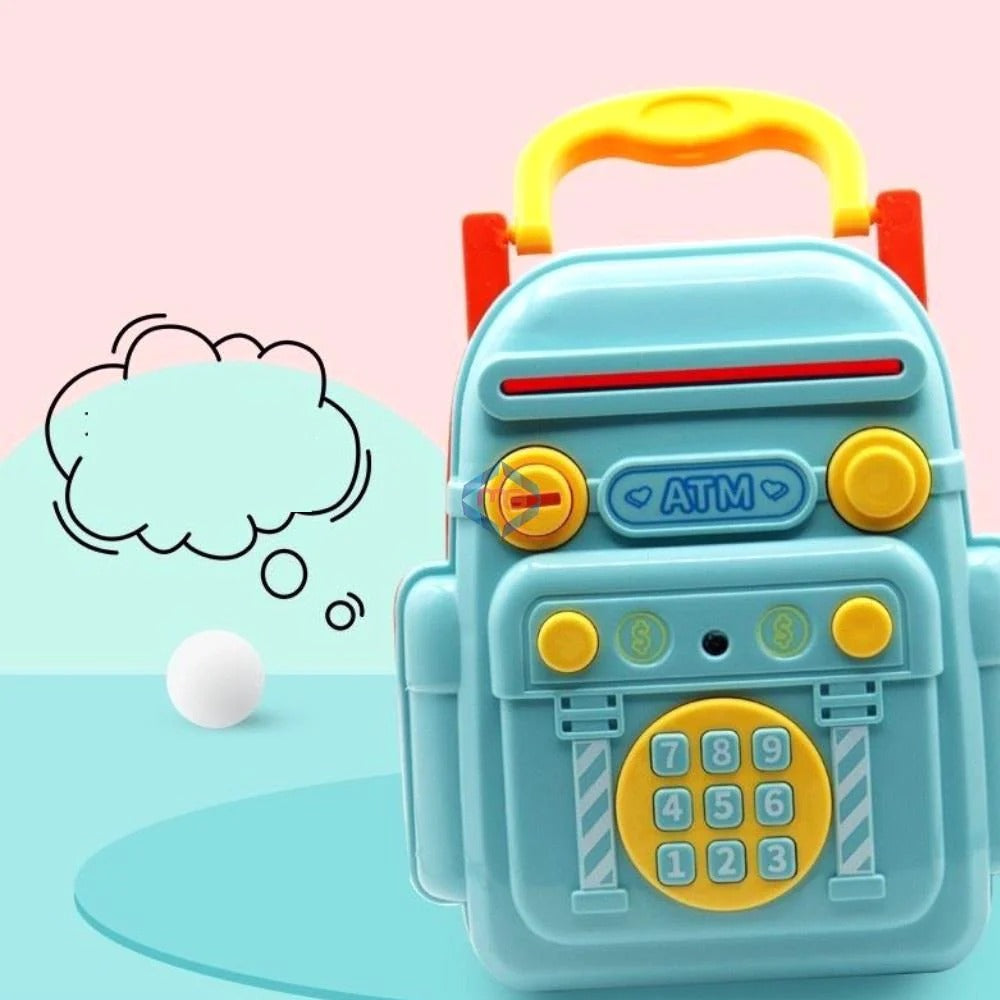Fidtoy Kids Mini ATM Safe Box Backpack Shape Savings Bank Toy with Key Password Lock Music Blue or Pink for Children