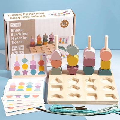 Fidtoy Wooden Montessori Shapes Stacking Sequence with Lacing Bead Sorting Fine Motor Toy for Kids Ages 2 to 6