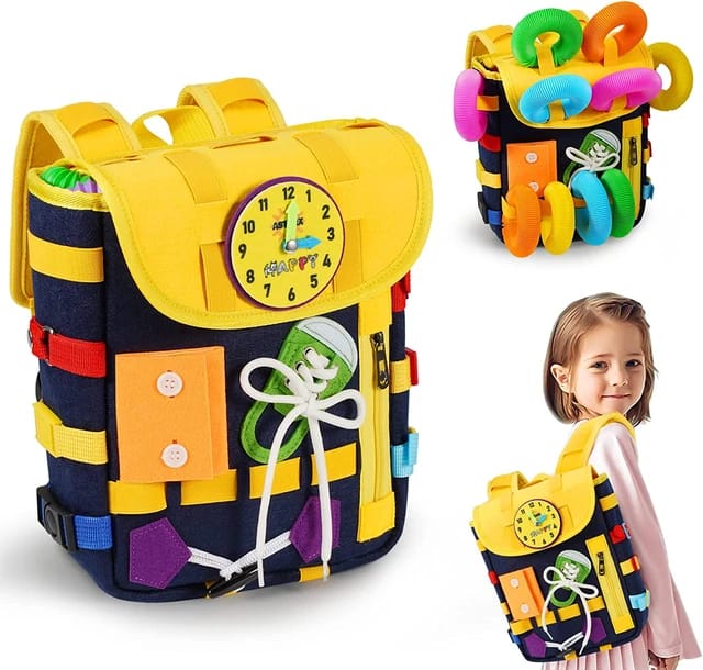 Fidtoy Toddler Busy Kit with Pop Tubes Backpack | Cloth Busy Board Backpack, Montessori Dressing Skills Toy, Pop Tube Shape Building, Fine Motor Skills & Travel Learning Toy Age 3+