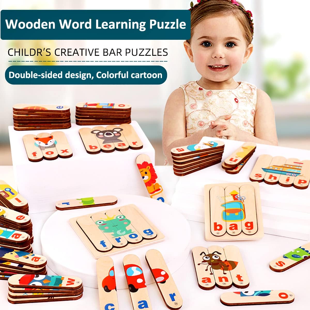 Fidtoy Jeu de Mots en Bois pour Enfants de 2 à 6 Ans, Puzzle de Mots, Alphabet, Jeu d'Association