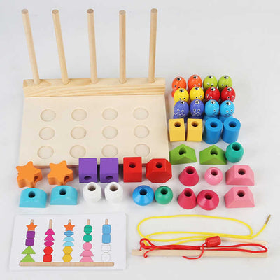 Fidtoy Wooden Five Sets of Shape Columns Lacing and Fishing Game 30 Beads Sorting Stacking Toy for Kids Ages 3+
