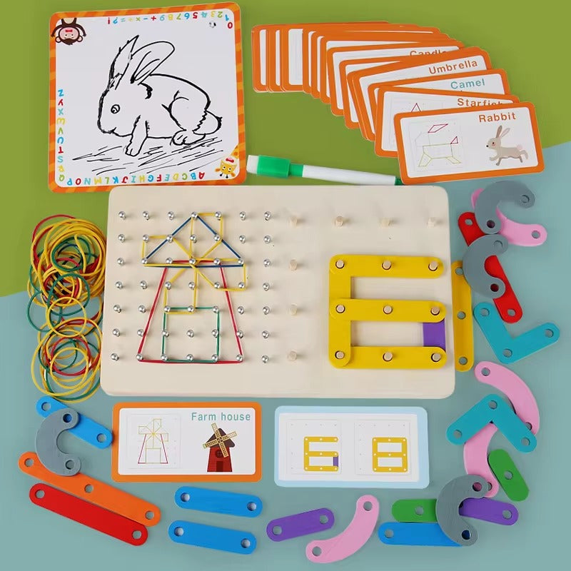Fidtoy Wooden Geo Montessori Bands and Pattern Cards with Drawing Card Geoboard Shape Building Toy for Kids Ages 2 to 6