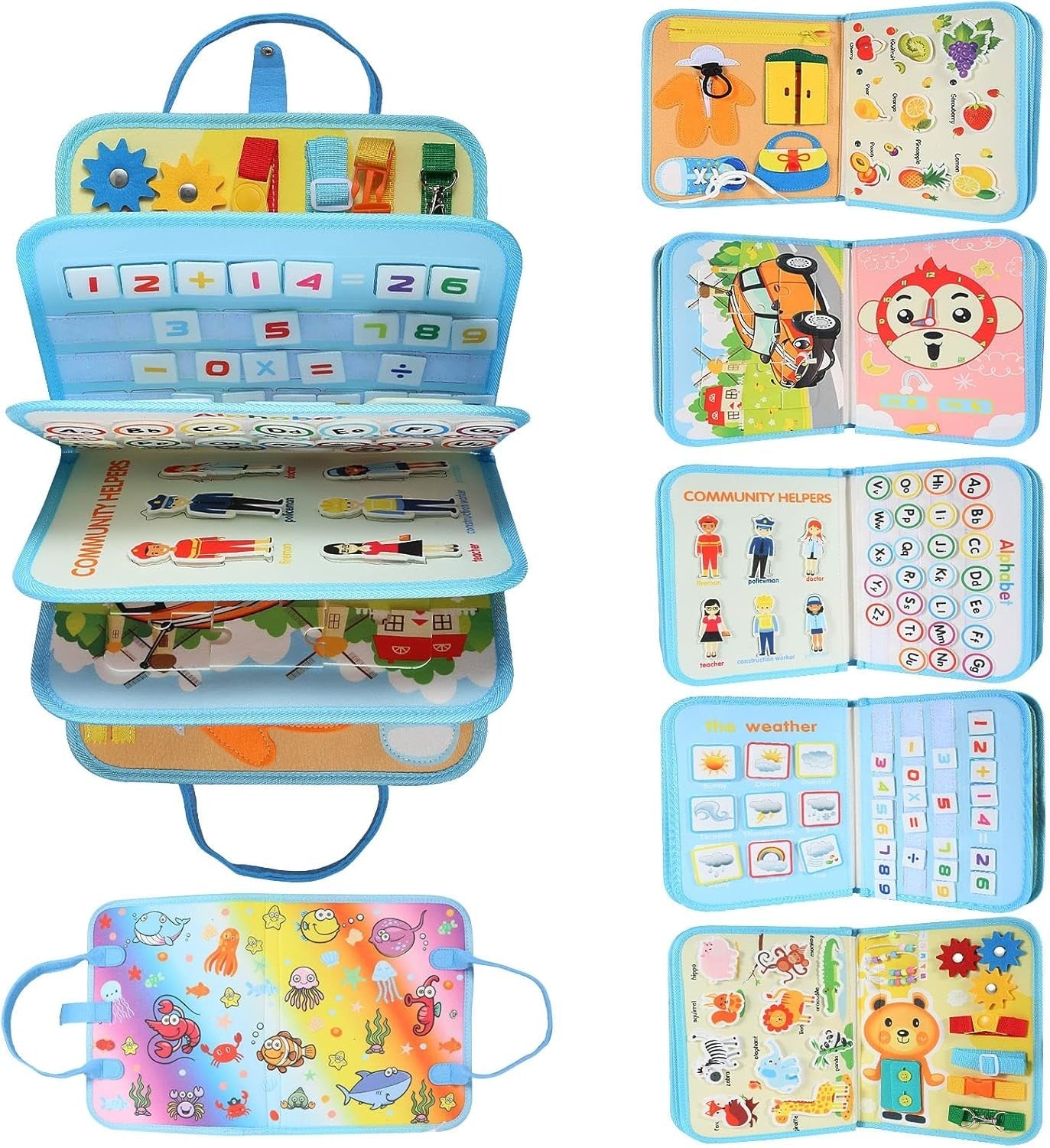 Fidtoy 10-in-1 Toddler Busy Board Cloth Book Multi-Sensory Interactive Learning Toy with Dressing Skills Alphabet Numbers Math Animals Cars Weather Clock Ages 0-4
