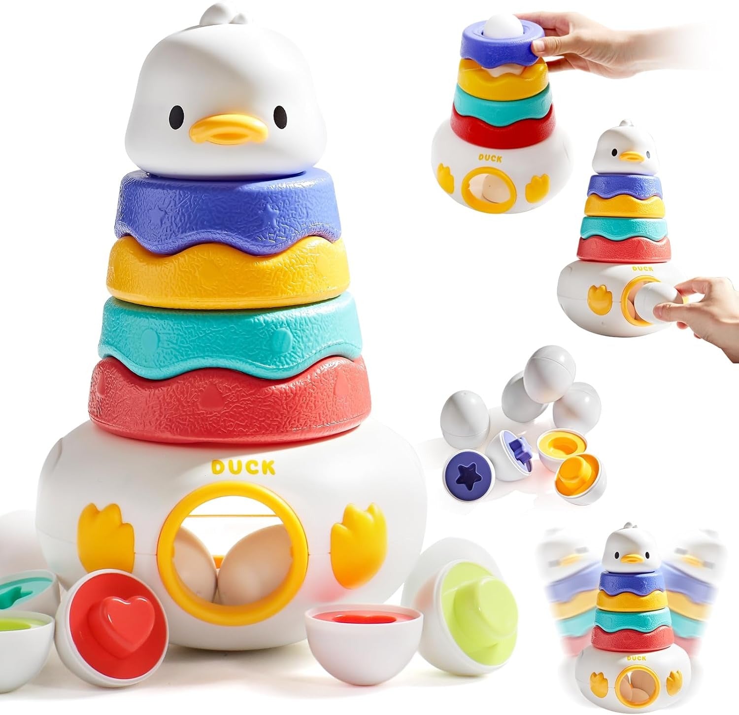 Fidtoy Jouet Culbuto Canard 2-en-1 et Jeu d'Association d'Œufs, Blocs de Construction Canard en Plastique avec 6 Œufs à Assortir, Jouet d'Apprentissage Sensoriel pour la Motricité Fine, 12 Mois et Plus
