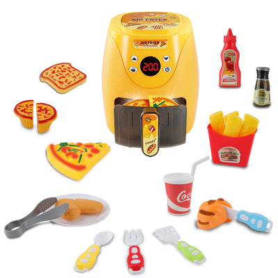 Juego de cocina Freidora de aire para niños, juguete de cocina de simulación con accesorios de cocina, luces y sonidos realistas y comida de juguete