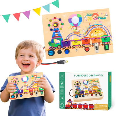 Fidtoy Montessori Wooden Busy Board -Light-Up Sensory Activity Toy for Toddlers, Fine Motor Skills Learning Toy for Ages 1-4, Travel-Friendly Fidget Board for Boys & Girls