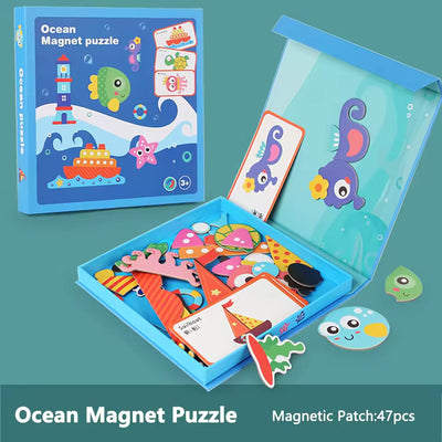 Fidtoy Ocean Magnetic Board Puzzle Cardboard Magnetic Book Puzzle Set for Kids Ages 3-6 Shape Matching Travel Learning Toy
