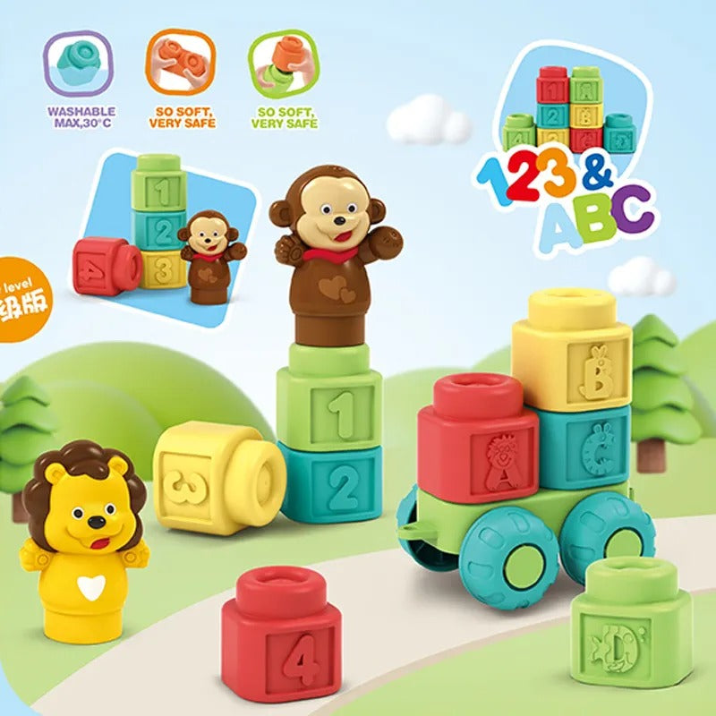 Fidtoy Soft Educational Rubber Animal Building Blocks 15 Pieces for Babies and Toddlers, Soft Gripping Stacking Blocks for Sensory Play, Shape Recognition and Fine Motor Practice Ages 0-3