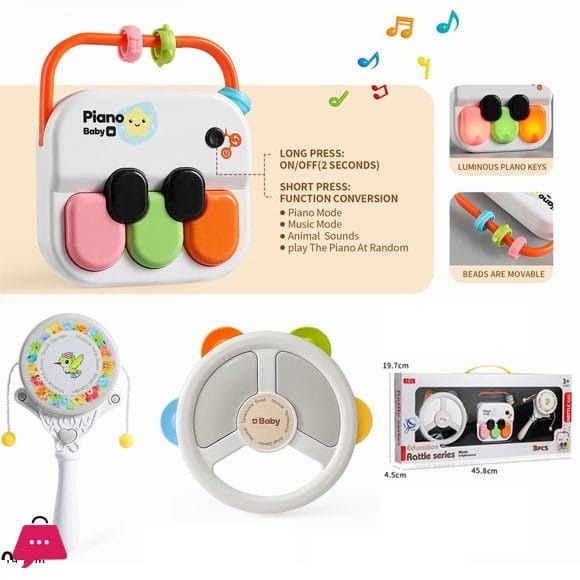 Fidtoy 3-in-1 Educational Music Enlightenment Rattle Series, Baby Musical Rattle Set with Lights, Piano Drum Tambourine Sensory Toy for 12+ Months