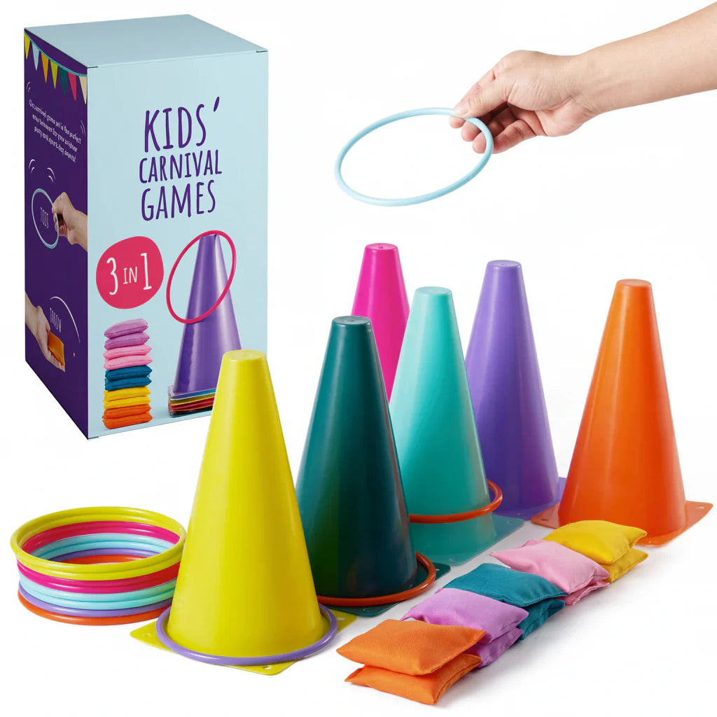 3-in-1 Kids Carnival Outdoor Game Set – Ring Toss, Bean Bag & Hoopla Party Toy for Backyard & Birthday Fun