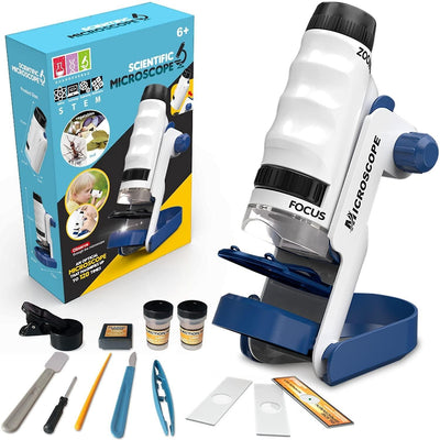 Fidtoy Kids Pocket Microscope 60x-120x Portable STEM Scientific Microscope Experiment Kit, Handheld Plastic Microscope for Ages 6+, LED Light, Slides, Base, Storage Bag, Home Science Exploration Toy