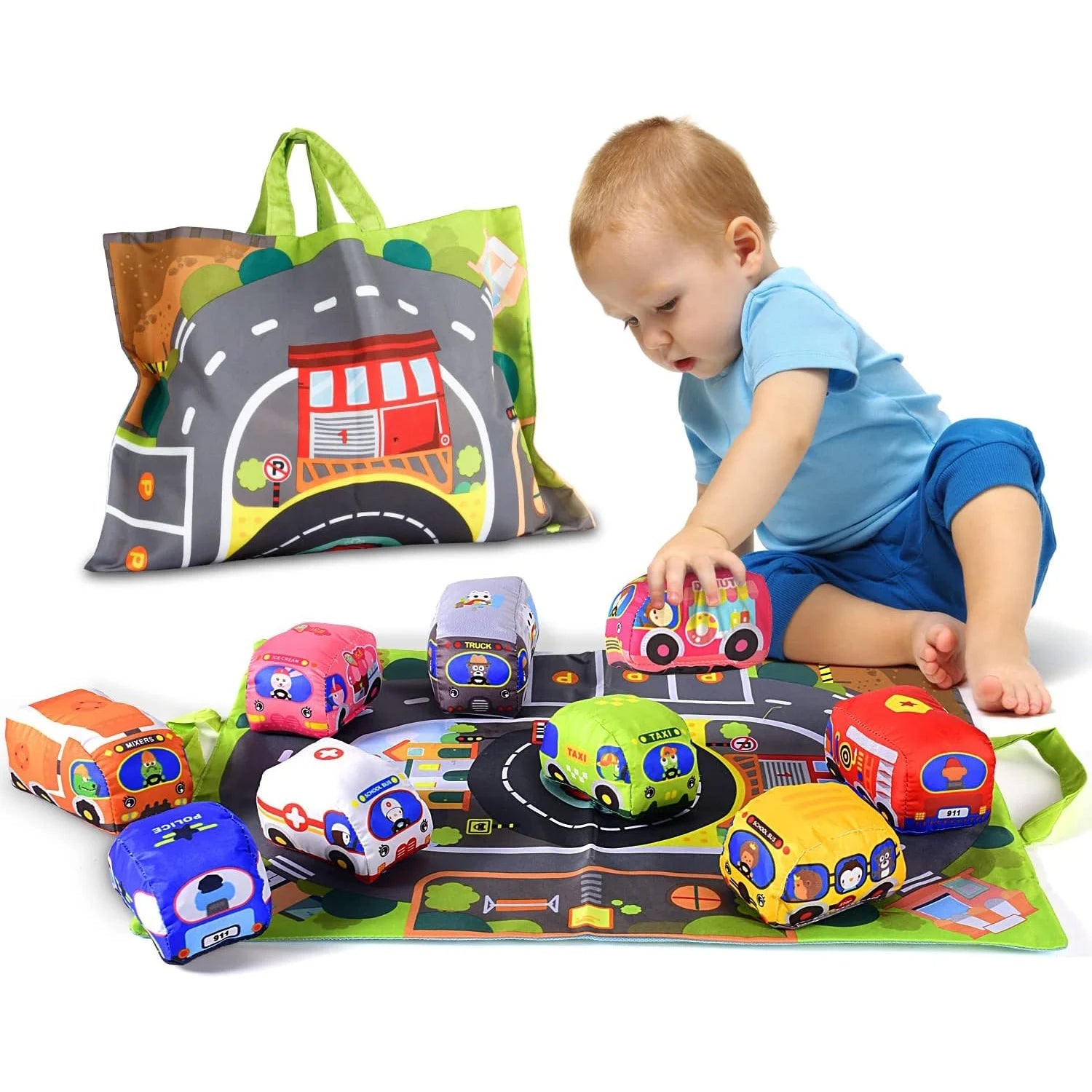 Fidtoy Soft Fabric Car Play Mat Set for Babies – 9-Piece Plush Vehicle Toy Set with Foldable Road Mat, Storage Bag, Crinkle Sounds, and Sensory Play