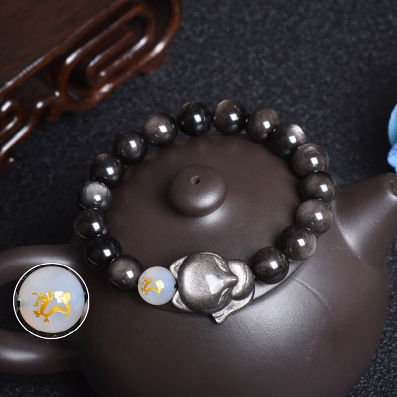 Buddha Stones Natural Rainbow Obsidian Gold Sheen Obsidian Silver Sheen Obsidian Fox Healing Bracelet Bracelet BS 17