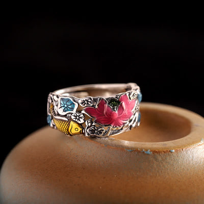 Bague Foviel en argent sterling 925 motif lotus et poisson koï, symbole d'éveil