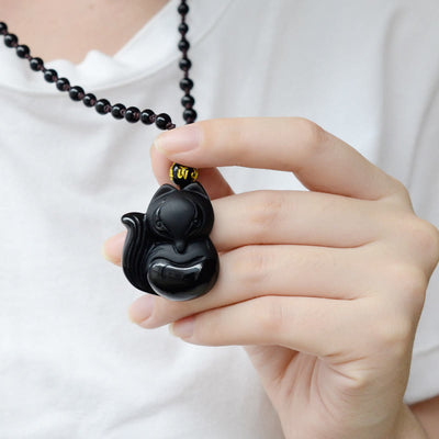 Buddha Stones Natural Black Obsidian Tiger Eye Ice Obsidian Fox Pendant Amulet Necklace Necklaces & Pendants BS 5